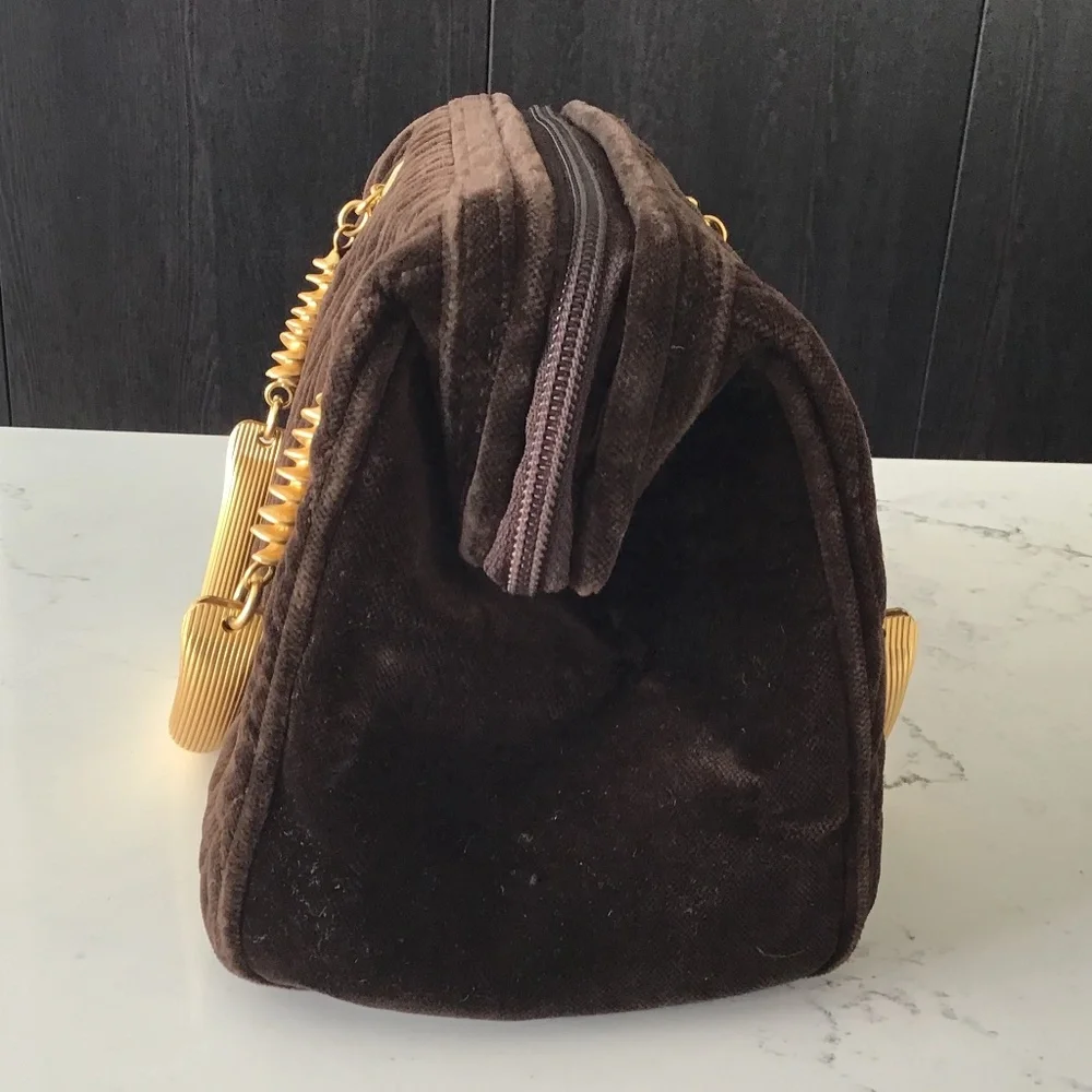 FENDI rare vintage handbag brown quilted velvet with gold handles - Picture 6 of 16